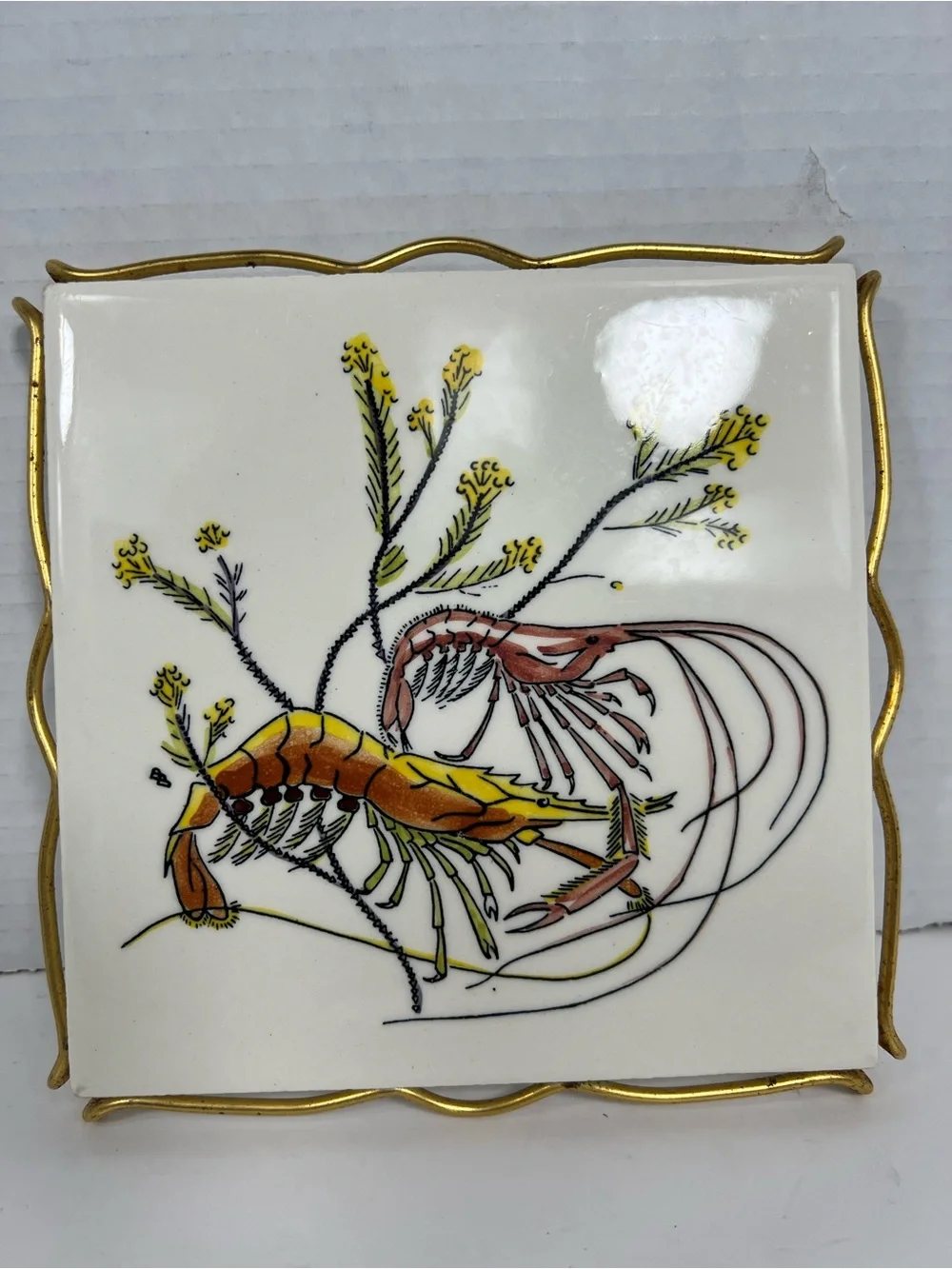 Vintage Gien France Grands Crustaces Lobster Ceramic Tile Trivet Gold Tone Frame